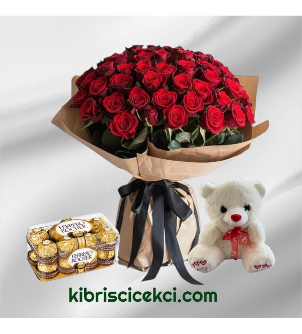 81 Kırmızı Gül Buketi 16'lı Ferrero Çikolata ve Ayıcık 81 Kırmızı Gül Buketi 16'lı Ferrero Çikolata ve Ayıcık